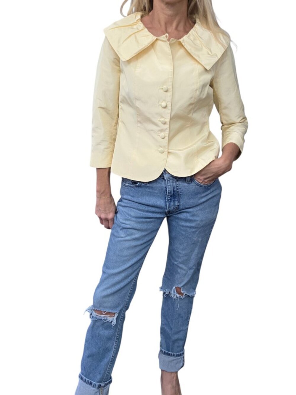 Teri Jon 100% Silk Butter Yellow Statement Collar Jacket Top Size 6